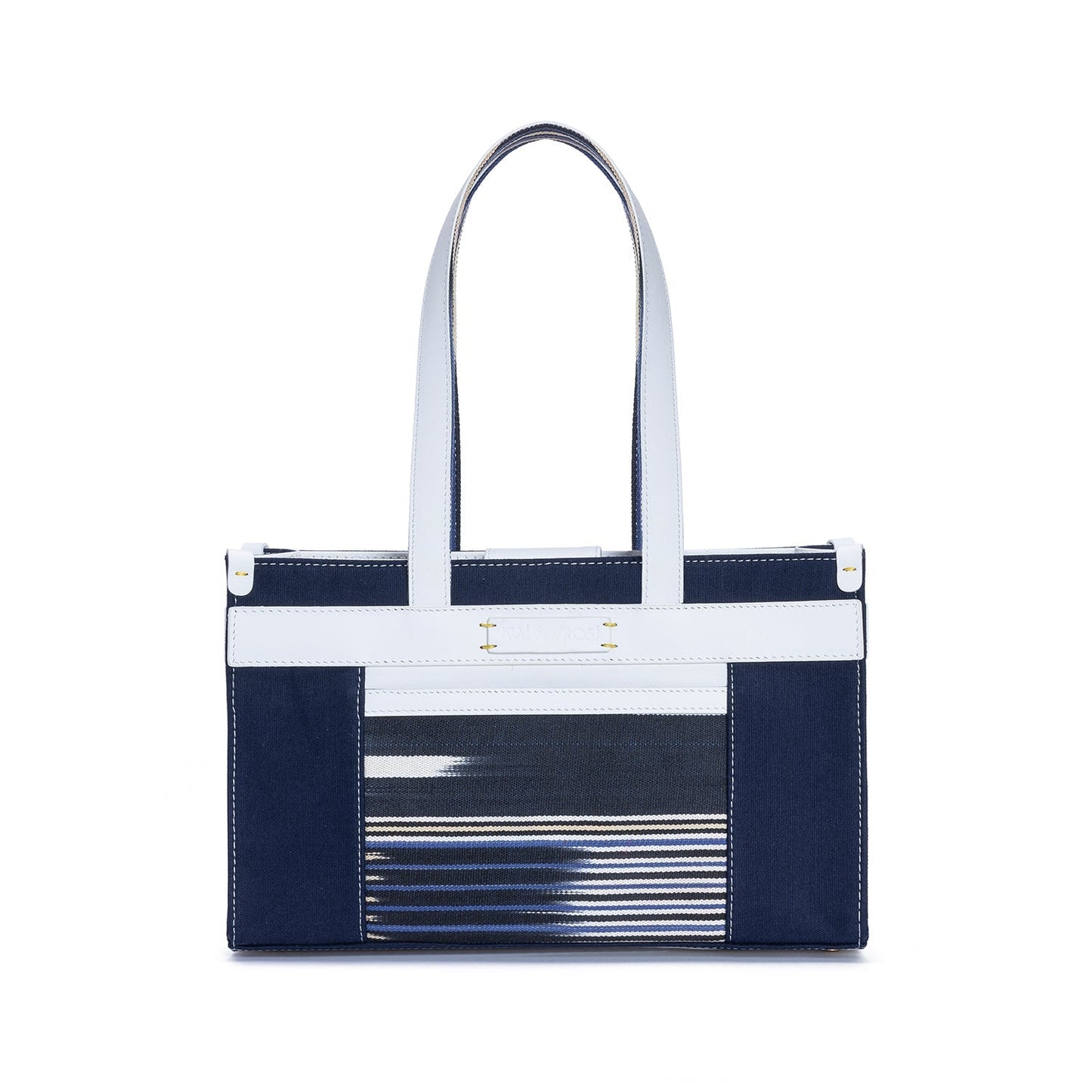 Midi Navy Leather & Canvas Tote Bag with Pockets