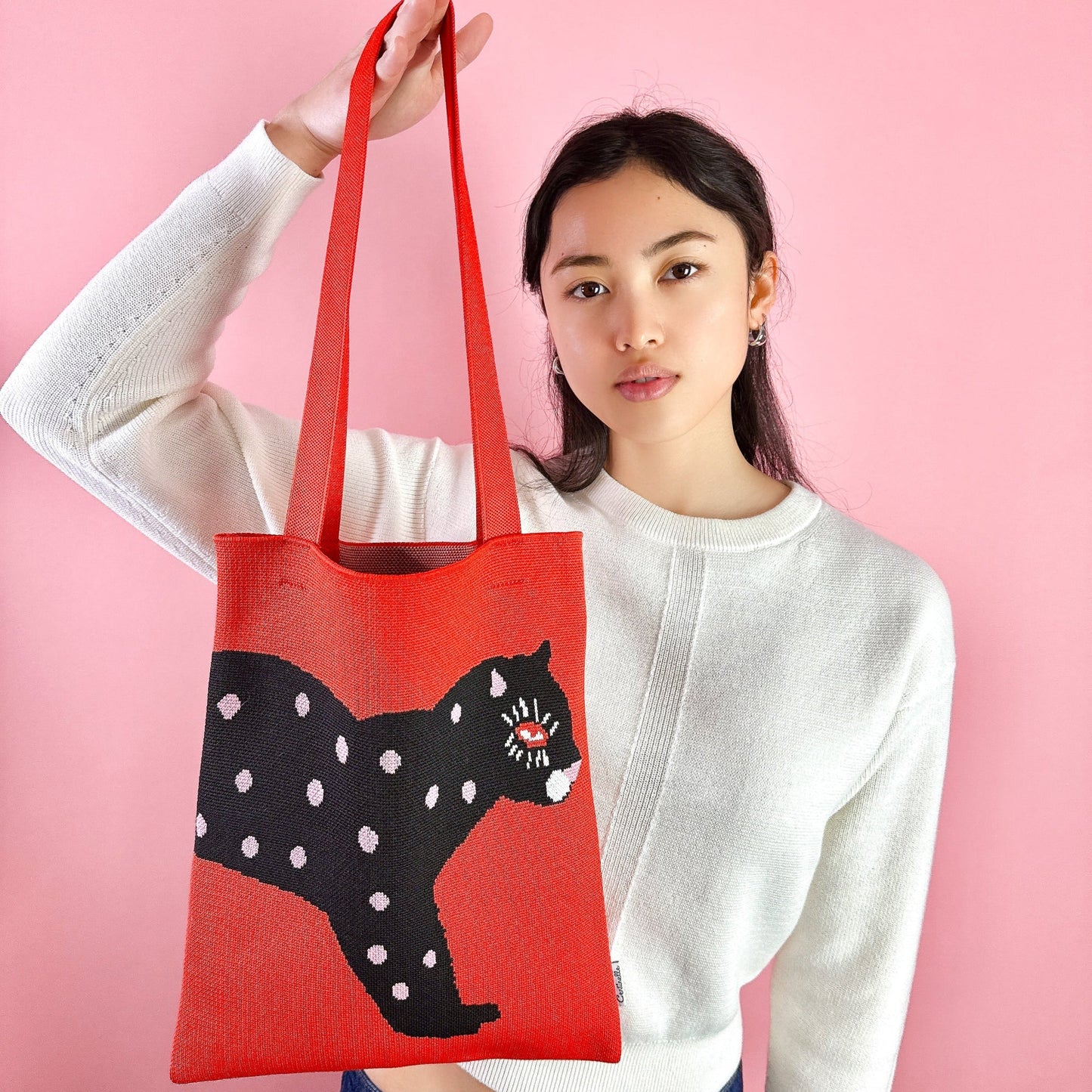 Polka Cat Knit Tote Bag