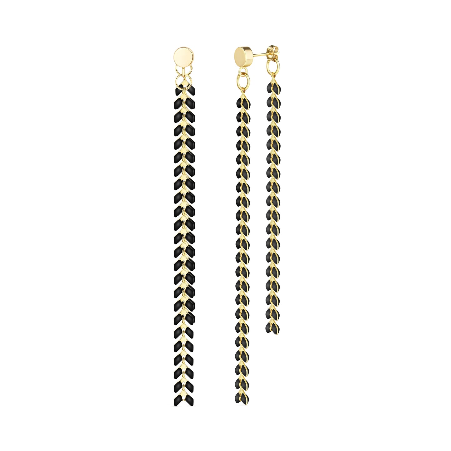 Elegante Black Enamel Chevron Dangle Earrings | Gold Filled