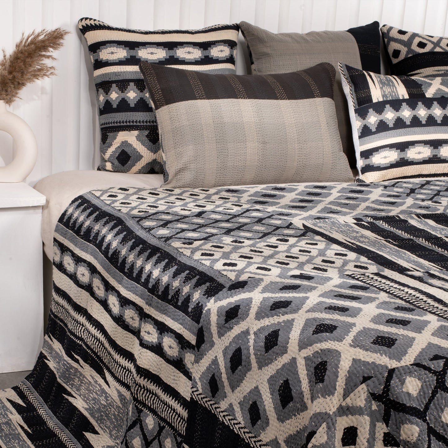 Monotone Ikat  Vintage Kantha Throw - Monotone Black