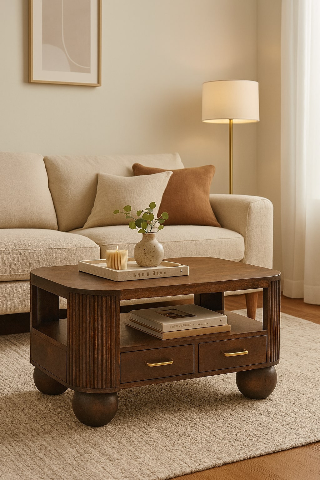 Solid Wood Sphere Leg Coffee Table
