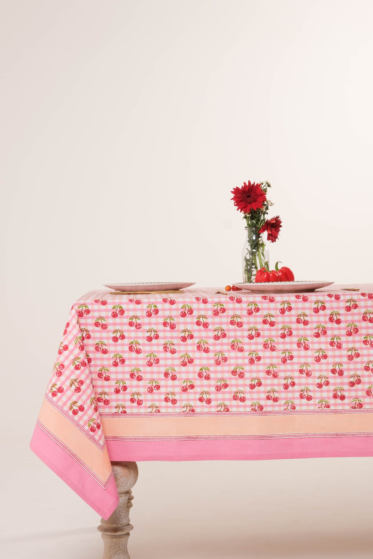 Cherry Blockprint Tablecloth in Red Gingham