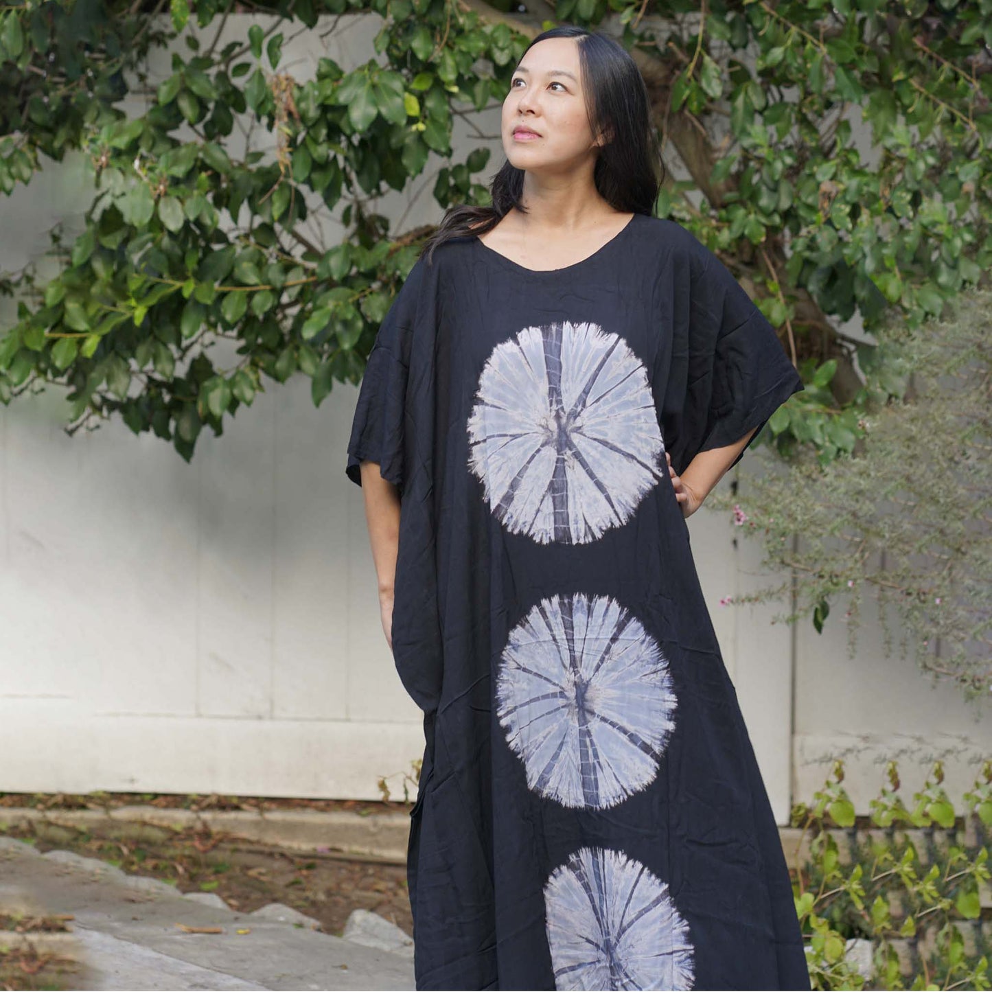 Kaftan Tie Dye Long Dress Shibori Black White Floral Pattern