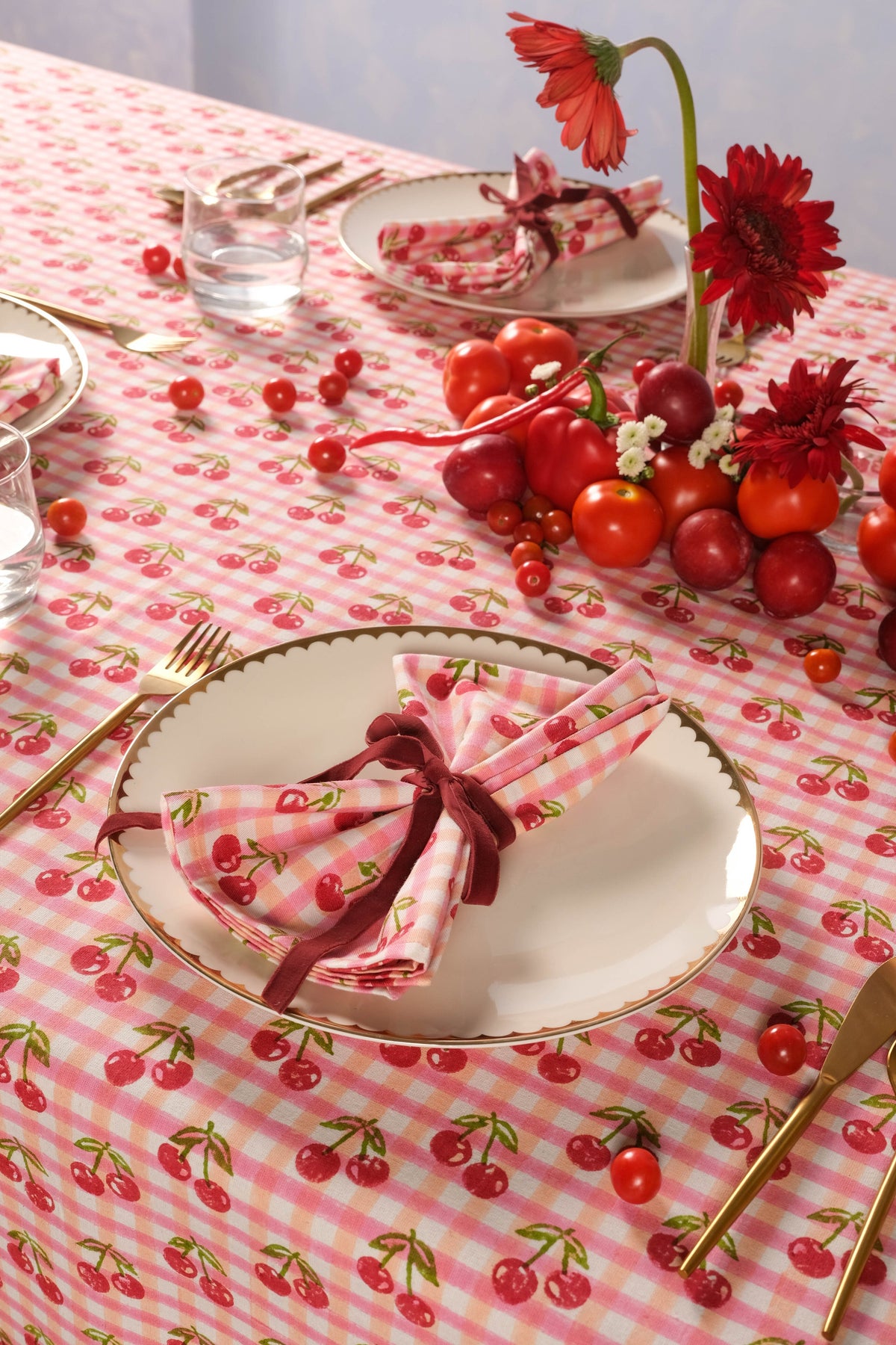 Cherry Blockprint Tablecloth in Red Gingham