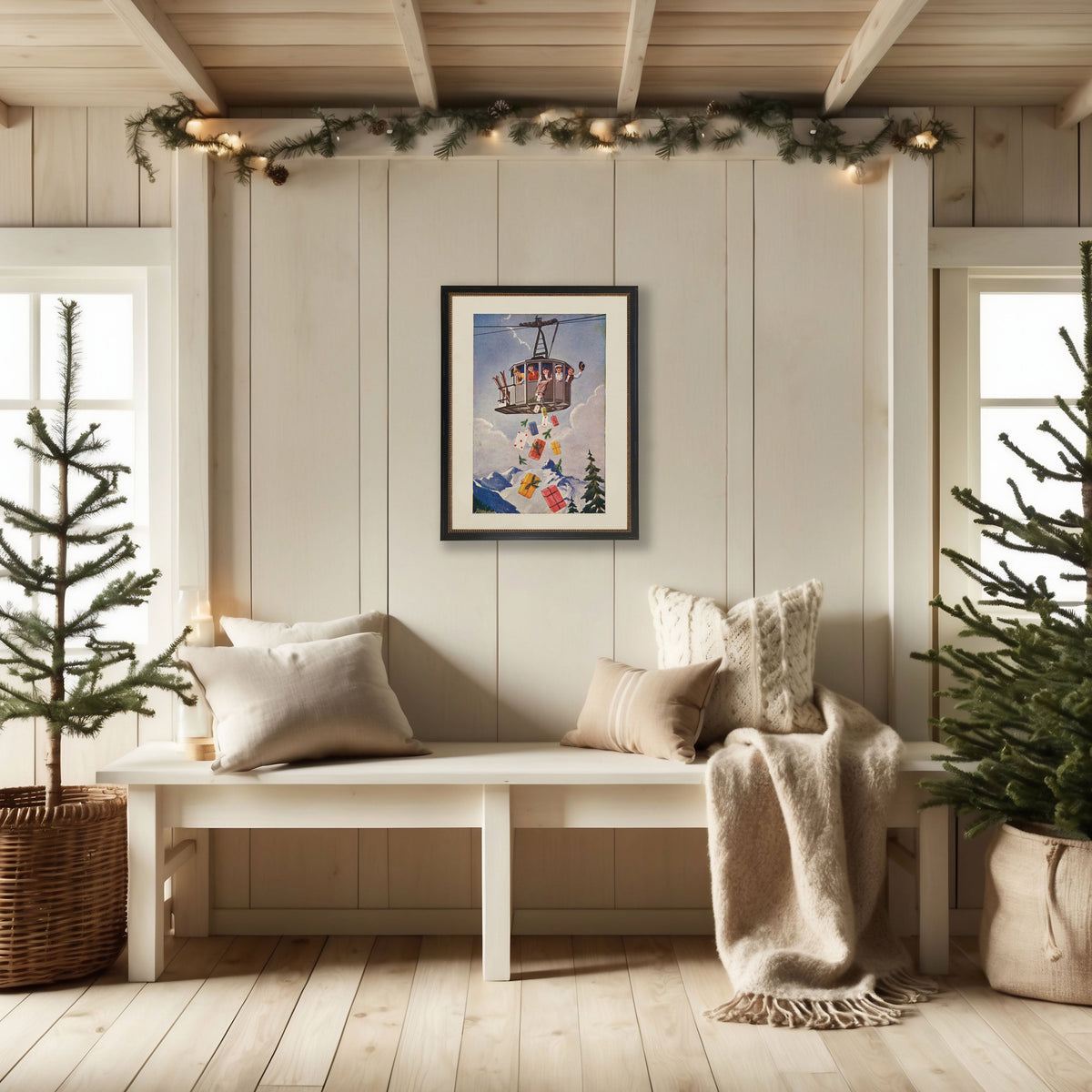 Ski Lift Gift Drop Print in Beaded Gold and Black Frame