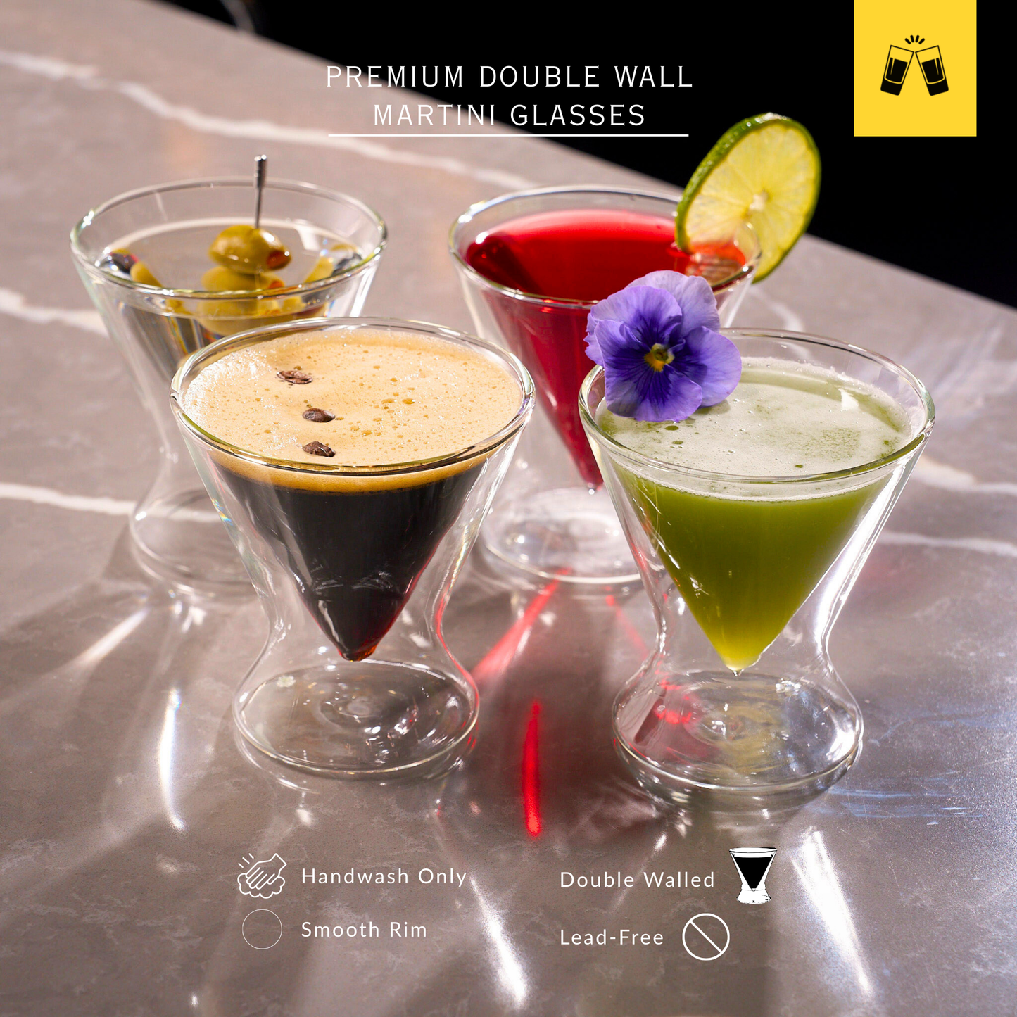 Double-Walled Stemless Martini Glasses - 8oz