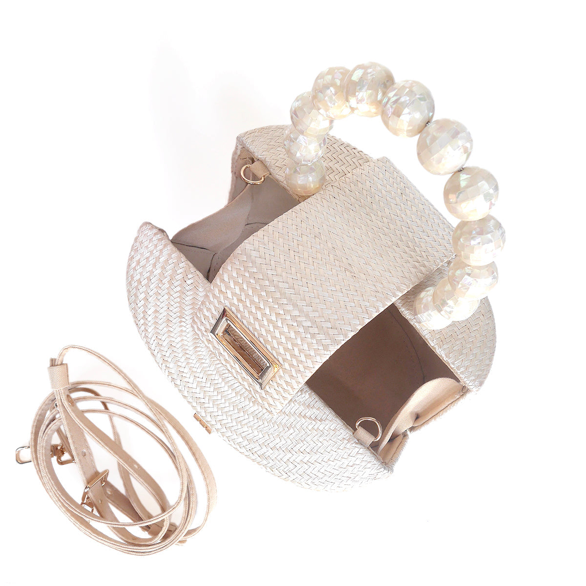 THE OLIVIA — Cream & Pearl Woven Straw Top-Handle Bag with Pearl Handle