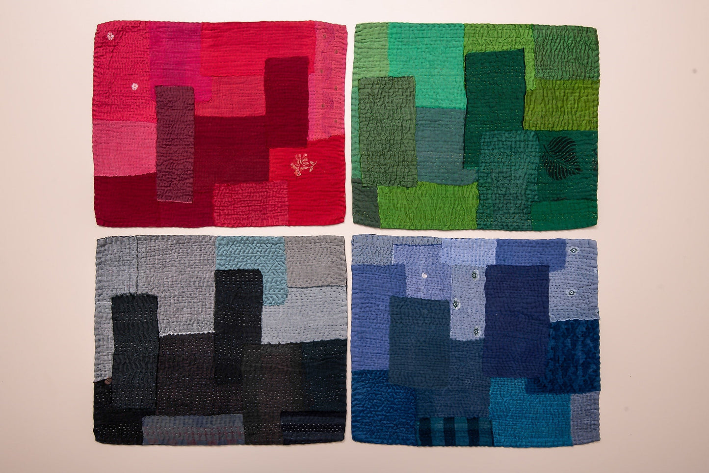 S/2 Landscape Fray Patch Vintage Kantha Placemat - Red