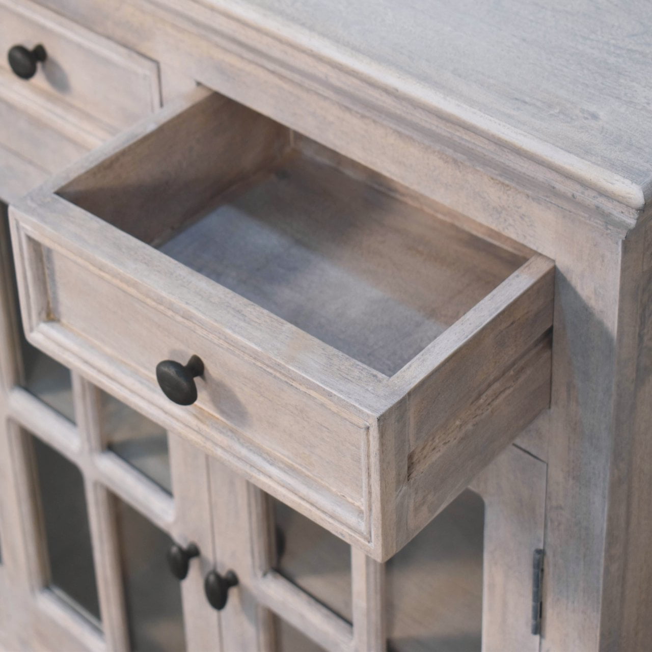 Solid Wood Stone Finish Cabinet with Glazed Doors