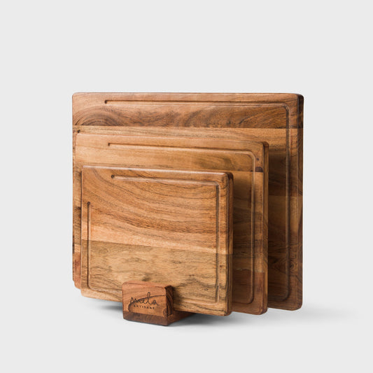 Acacia Wood Cutting Board Set with Stand – 3 Piece