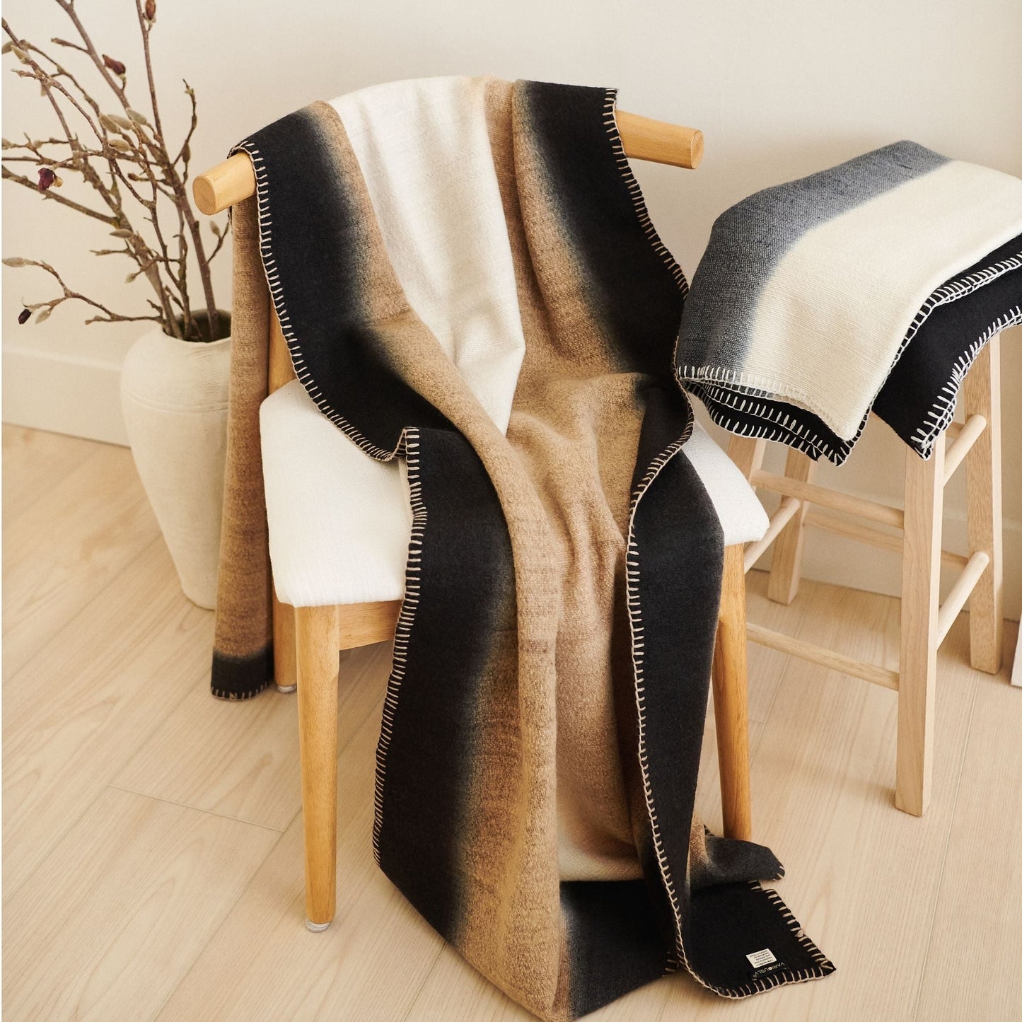 Siro Brown And White Ombre Textured Throw  In Hand Spun Merino And Hand Stitched Hem
