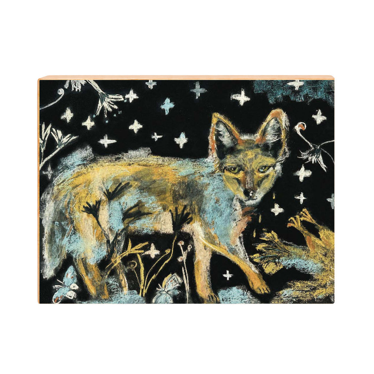 Nighttime Coyote and Chicken Folk Art Print on Board, Whimsical Wildlife Wall Art
