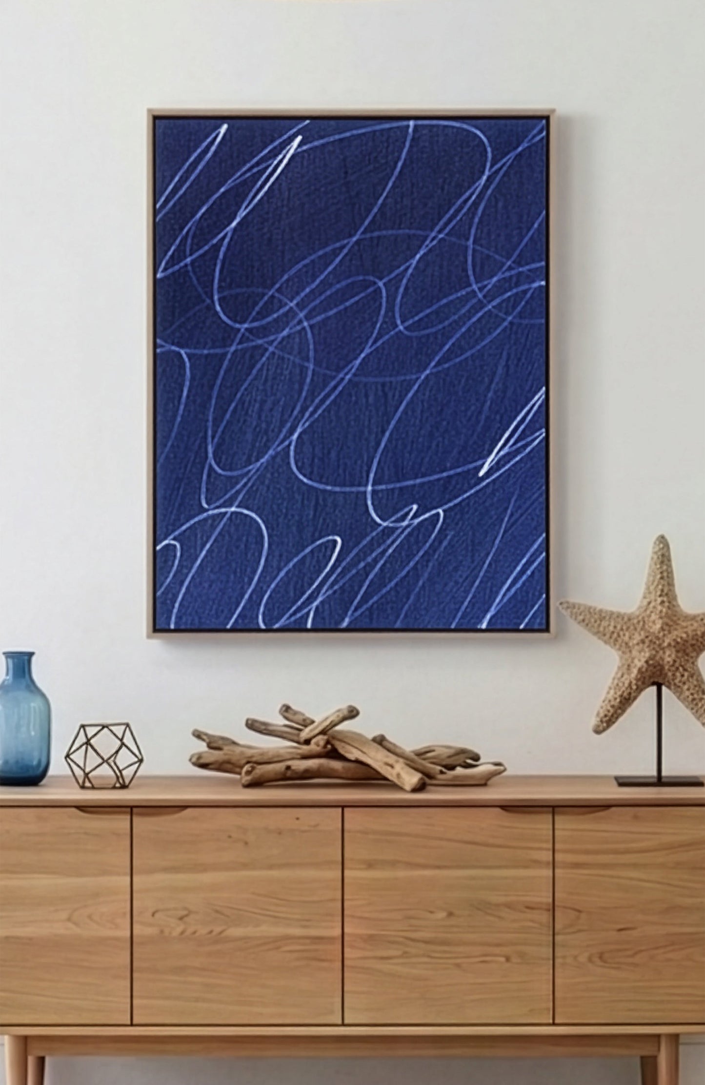 Gestural Marks in Deep Ocean Framed Wall Art