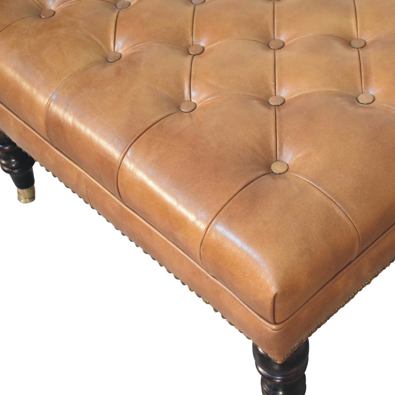 Solid Wood Studded Buffalo Leather Upholstered Ottoman