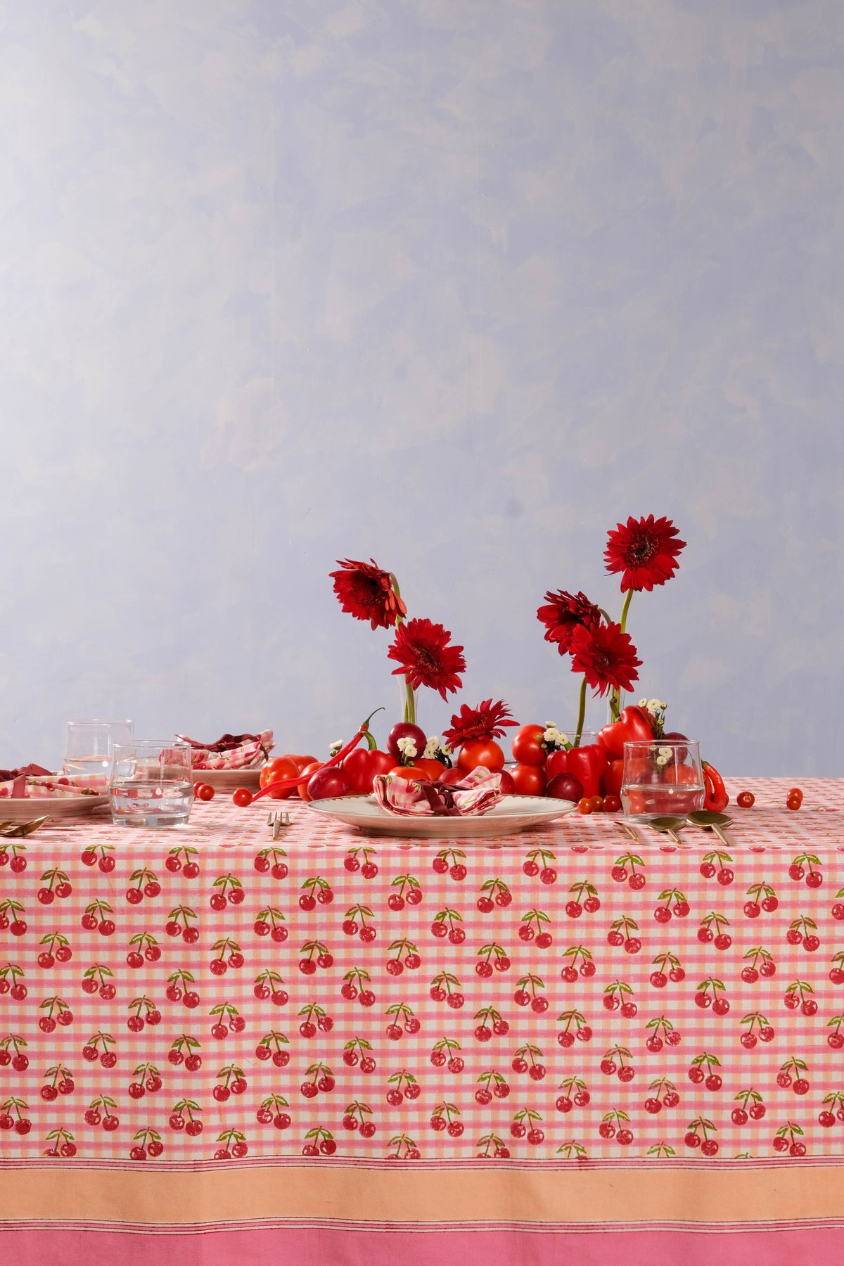 Cherry Blockprint Tablecloth in Red Gingham
