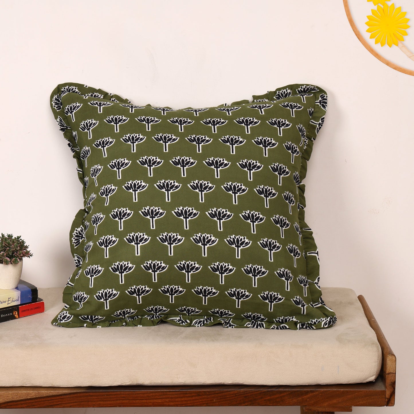 Block-Printed Pillow Cover | 20x20 Ruffled Cotton, Hidden Zipper
