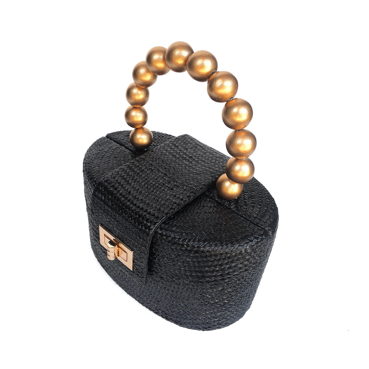 THE OLIVIA — Black & Gold Woven Straw Top-Handle Bag with Beaded Handle