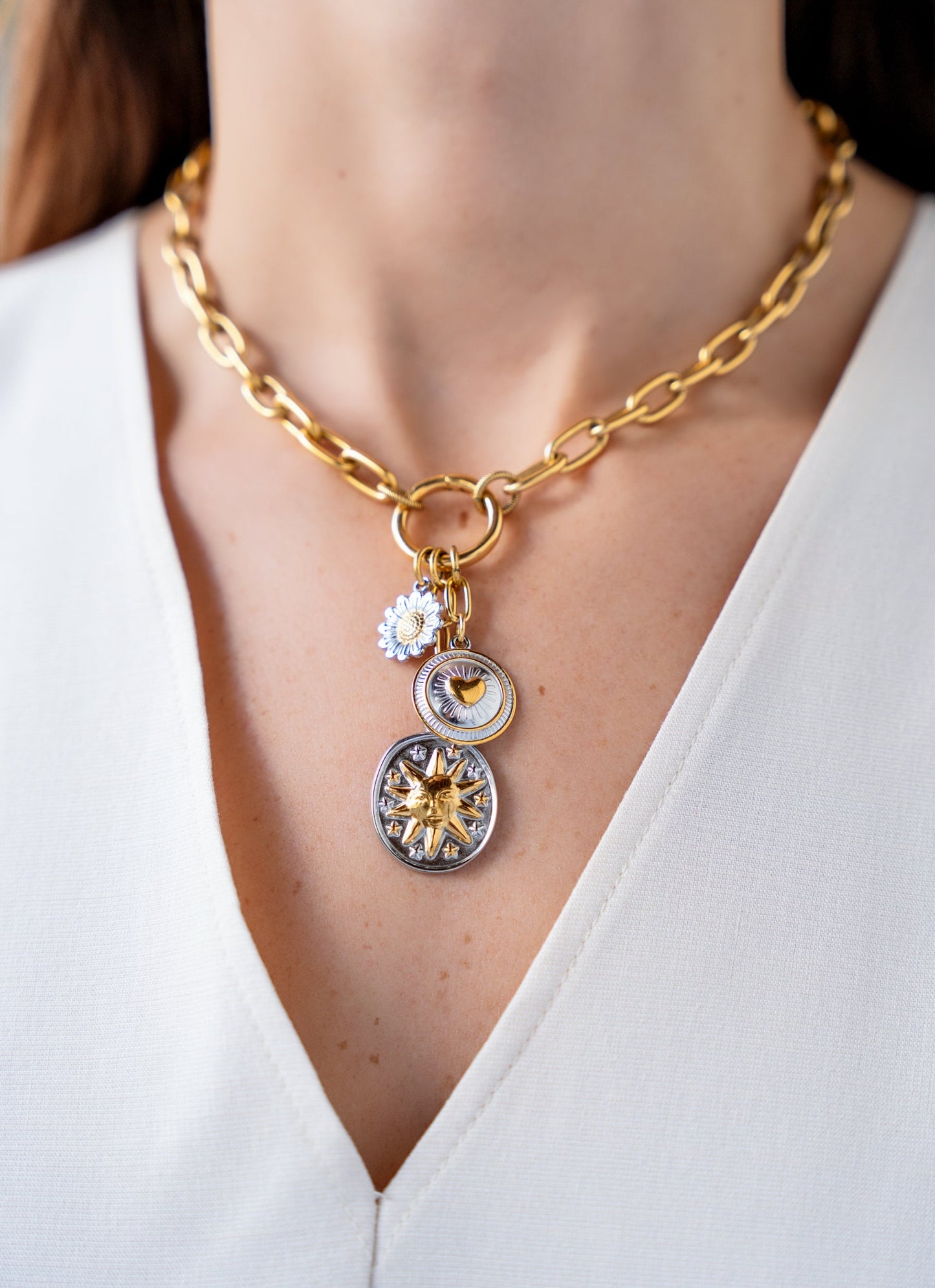 Mixed Metal Charm Cluster Necklace