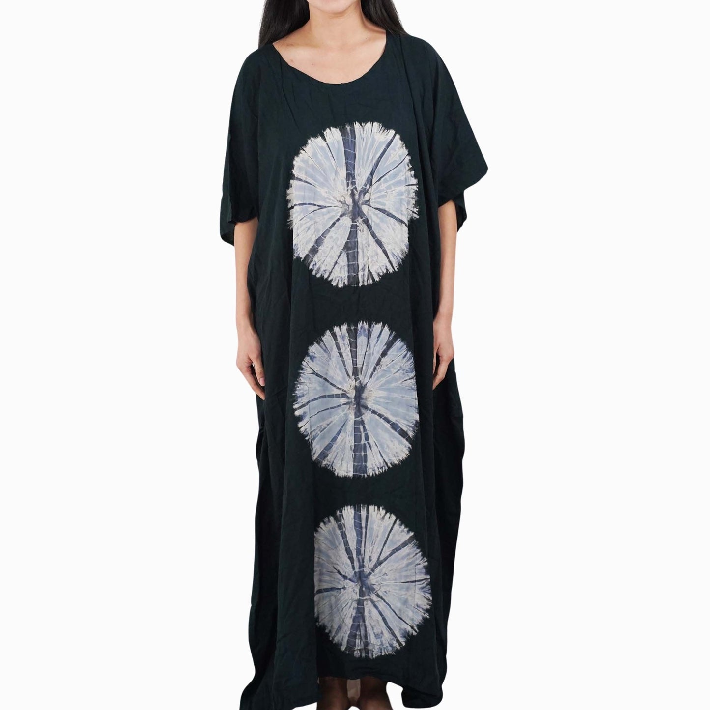 Kaftan Tie Dye Long Dress Shibori Black White Floral Pattern