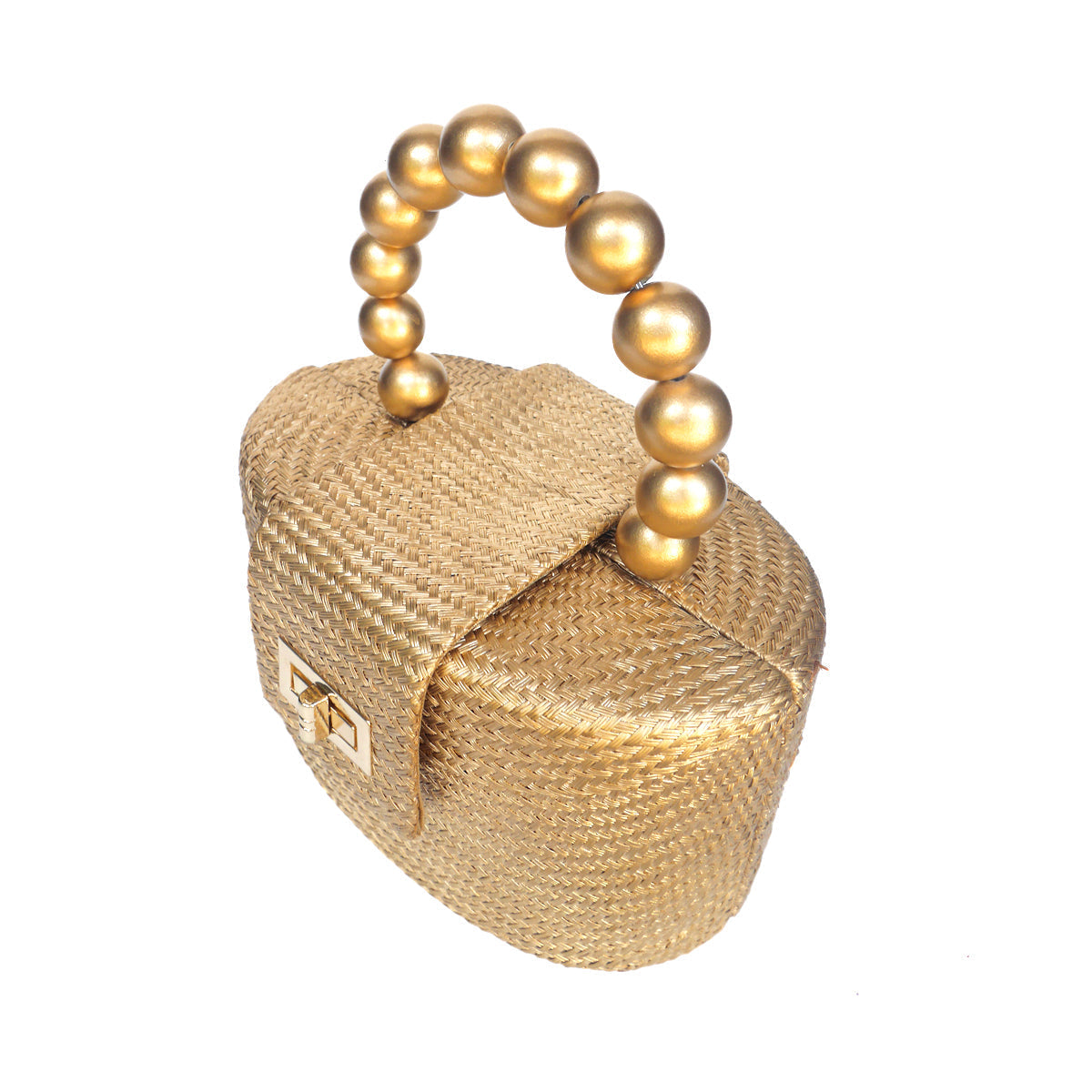 THE OLIVIA — Gold Woven Straw Top-Handle Bag with Beaded Handle