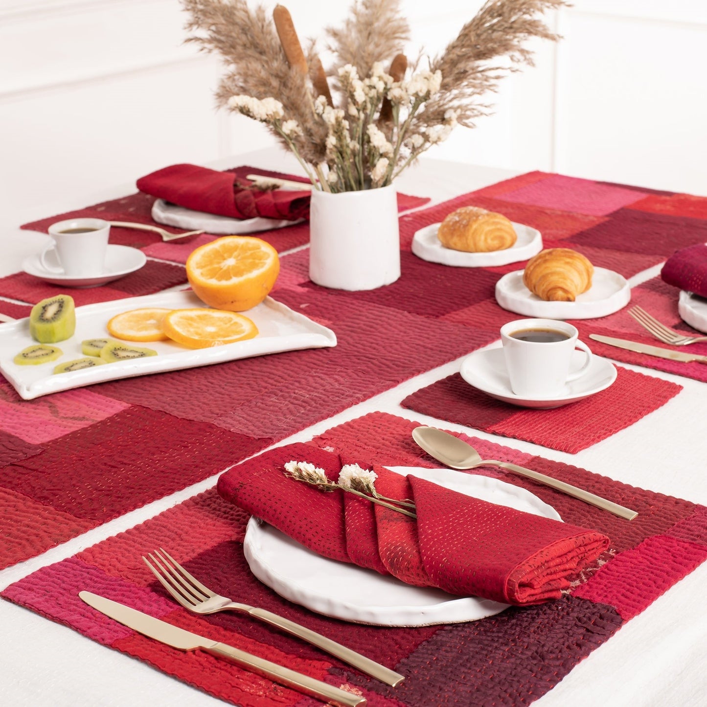 Landscape Handmade Kantha Coaster - Red (Set of 2)