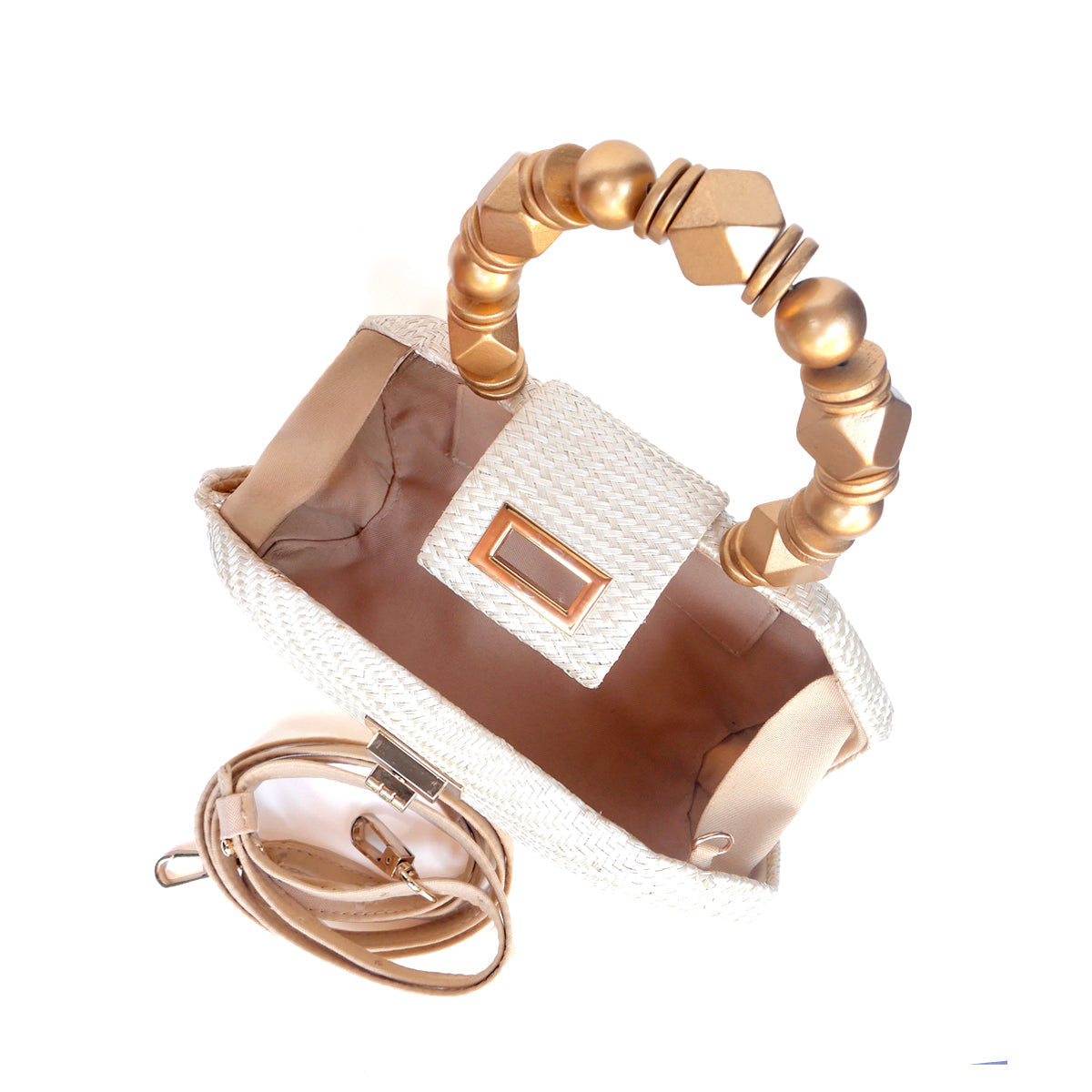 THE MELIA — Cream Woven Straw Clutch with Beaded Top Handle