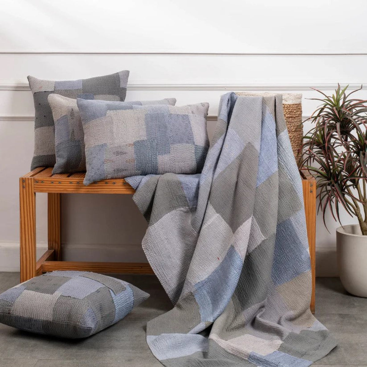 Mosaic Fray Patch Vintage Kantha Throw - Hydrangea