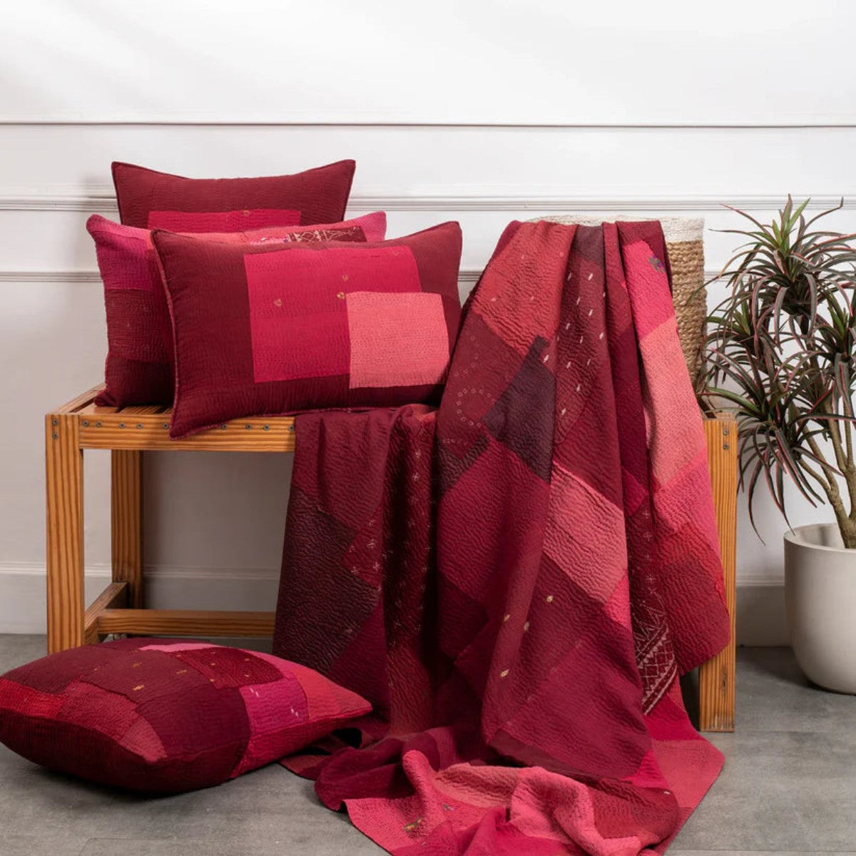Landscape Fray Patch Handmade Vintage Kantha Throw - Red
