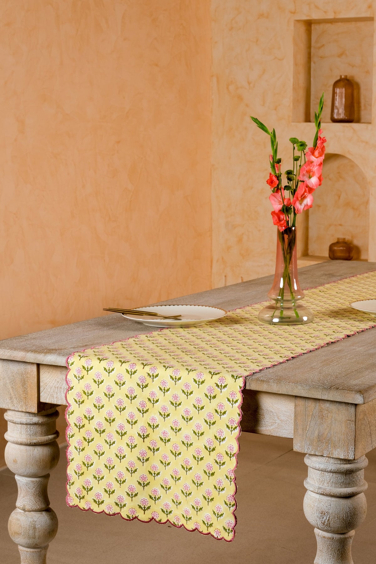 Mona Scallop Embroidered Blockprint Table Runner in Butter Yellow