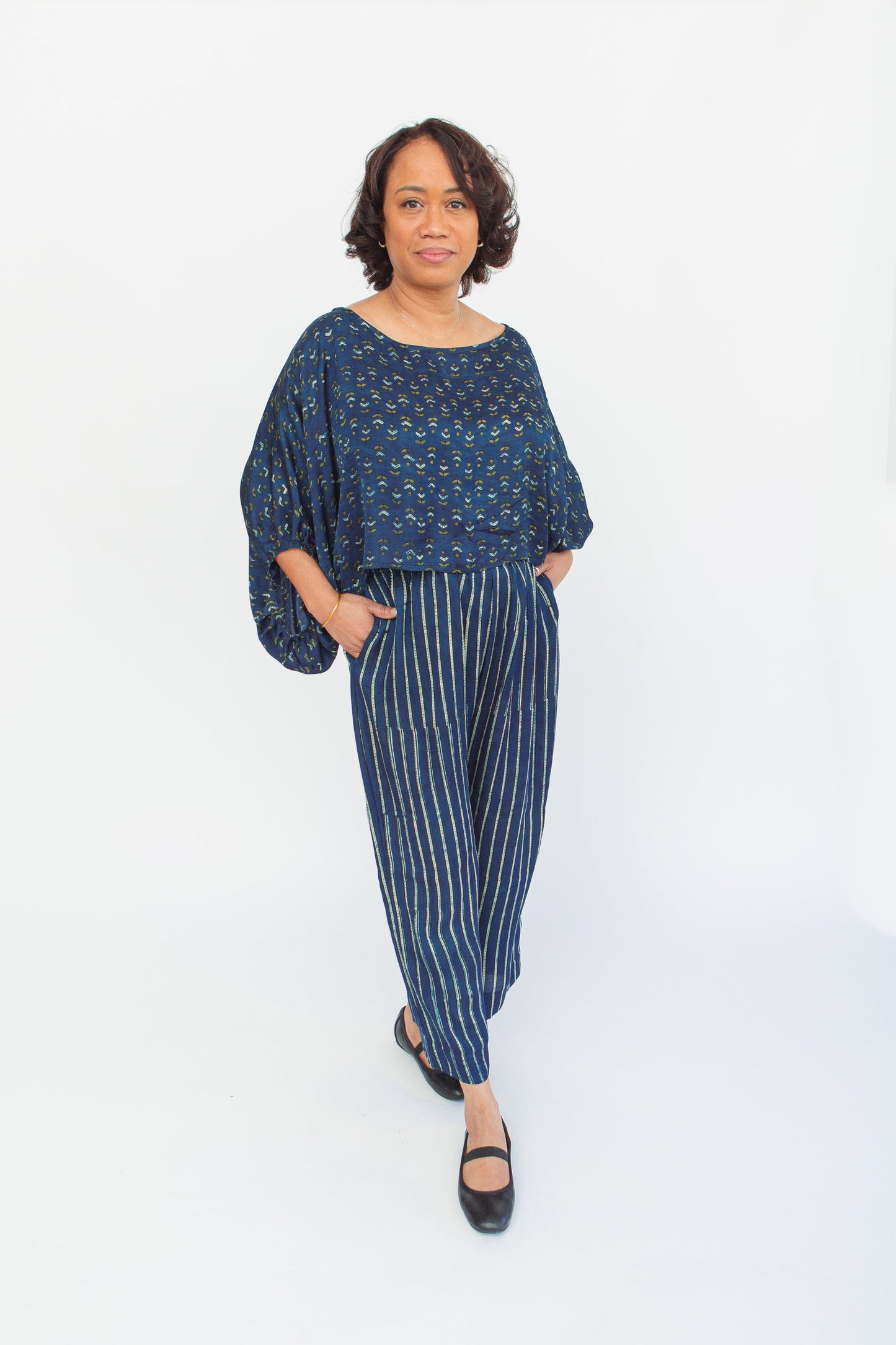 Block-Print Modal & Silk Crinkle Crop Blouse