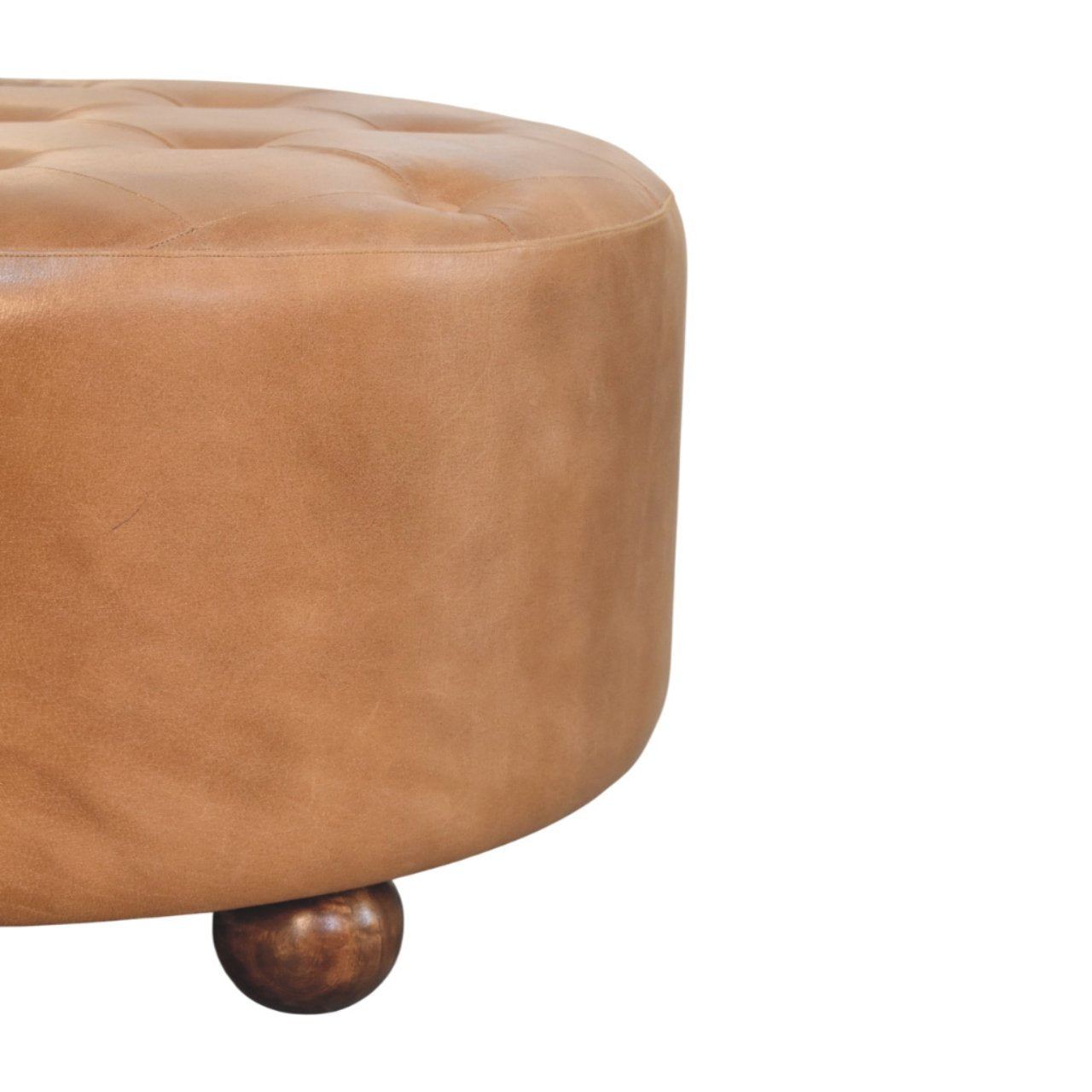 Brown Buffalo Hide Leather Upholstered Round Ottoman
