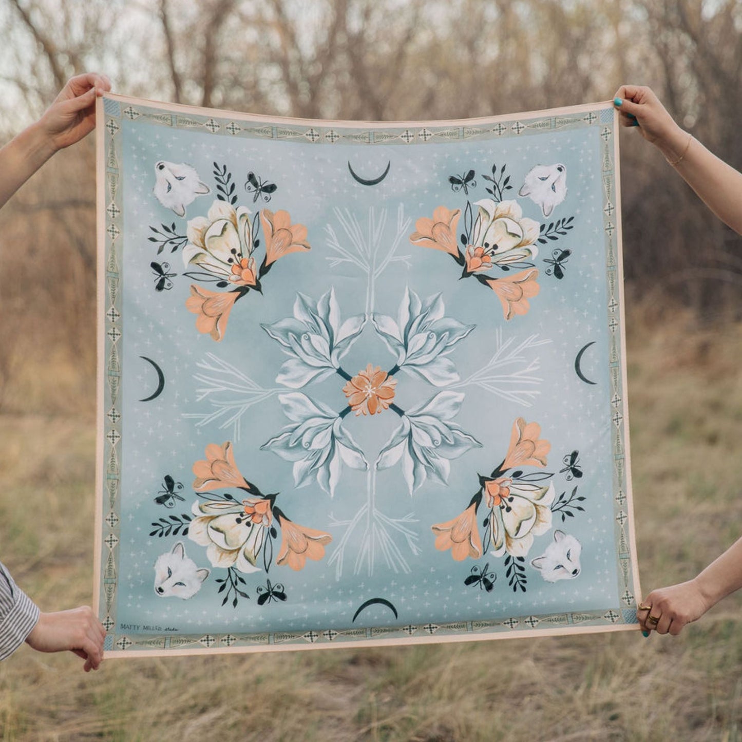 100% Silk Scarf: Tundra - Arctic Animal Floral Pattern