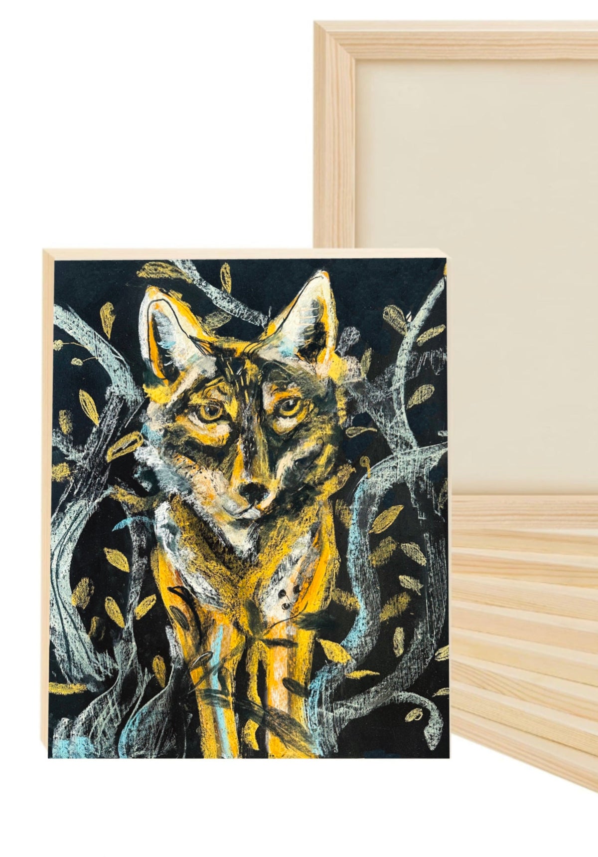 Coyote in the Woods: Moonlit Folk Art Print on Board, Wildlife Wall Art