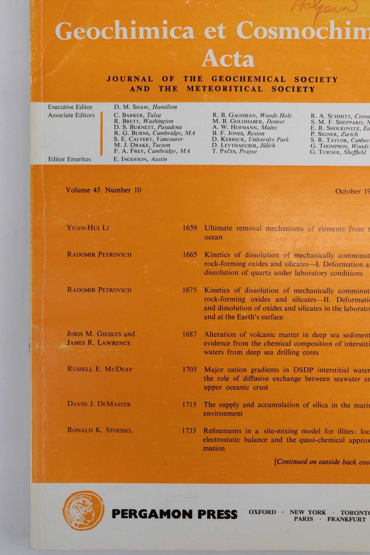 Geochimica et Cosmochimica Acta Journals Volumes (1979-2004)