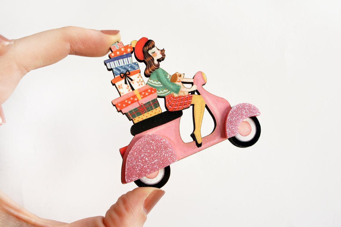 Girl on Scooter with Gifts Brooch by Laliblue