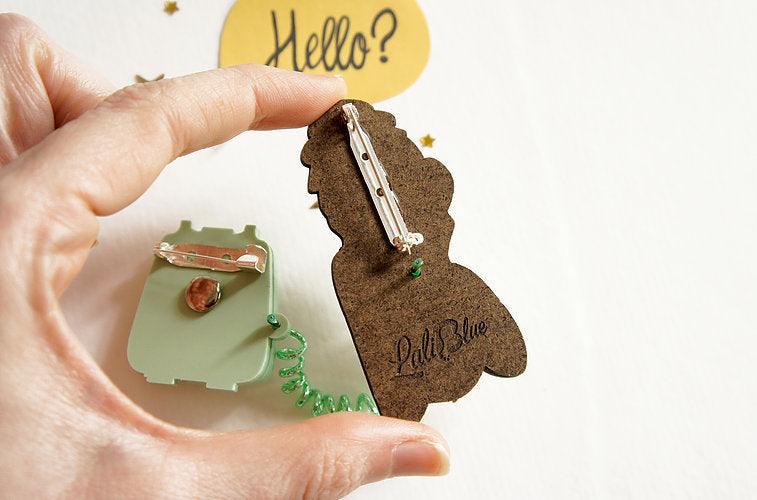 Girl with Phone Collar Clip Brooch by Laliblue