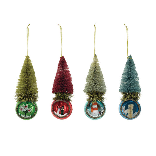 Glass Diorama Ornament w/ Bottle Brush Tree, Set of 4