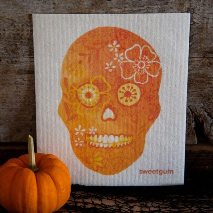 Orange Flower Skull Swedish Dishcloth | Halloween & Dia de los Muertos