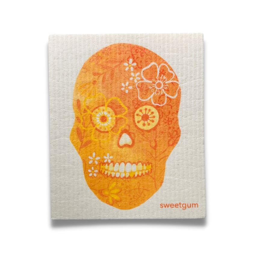 Orange Flower Skull Swedish Dishcloth | Halloween & Dia de los Muertos