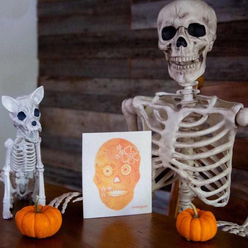 Orange Flower Skull Swedish Dishcloth | Halloween & Dia de los Muertos