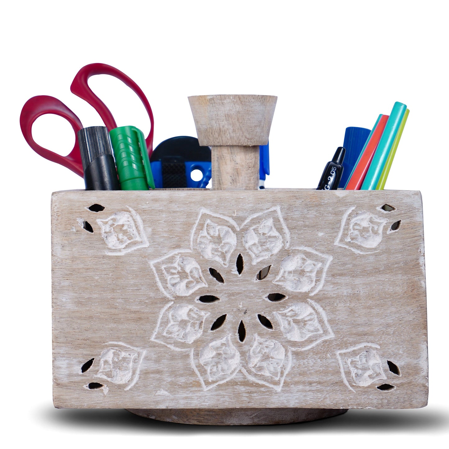 Decorative Wooden Spinning Pen Holder in Whitewash