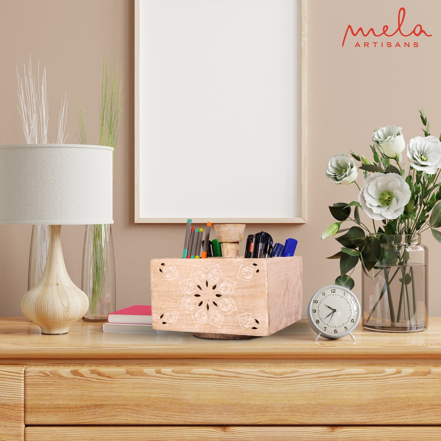 Decorative Wooden Spinning Pen Holder in Whitewash