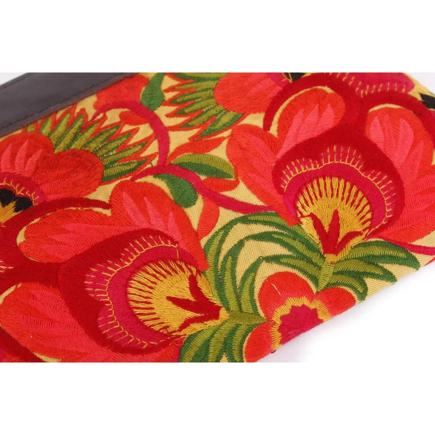 Embroidered Flower Leather Trim Wristlet - Thailand