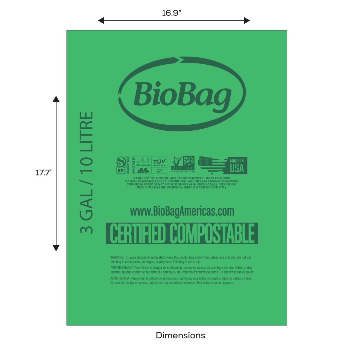 Biobag 3 Gallon Compostable Bags (4-Roll Pack, QTY:100)
