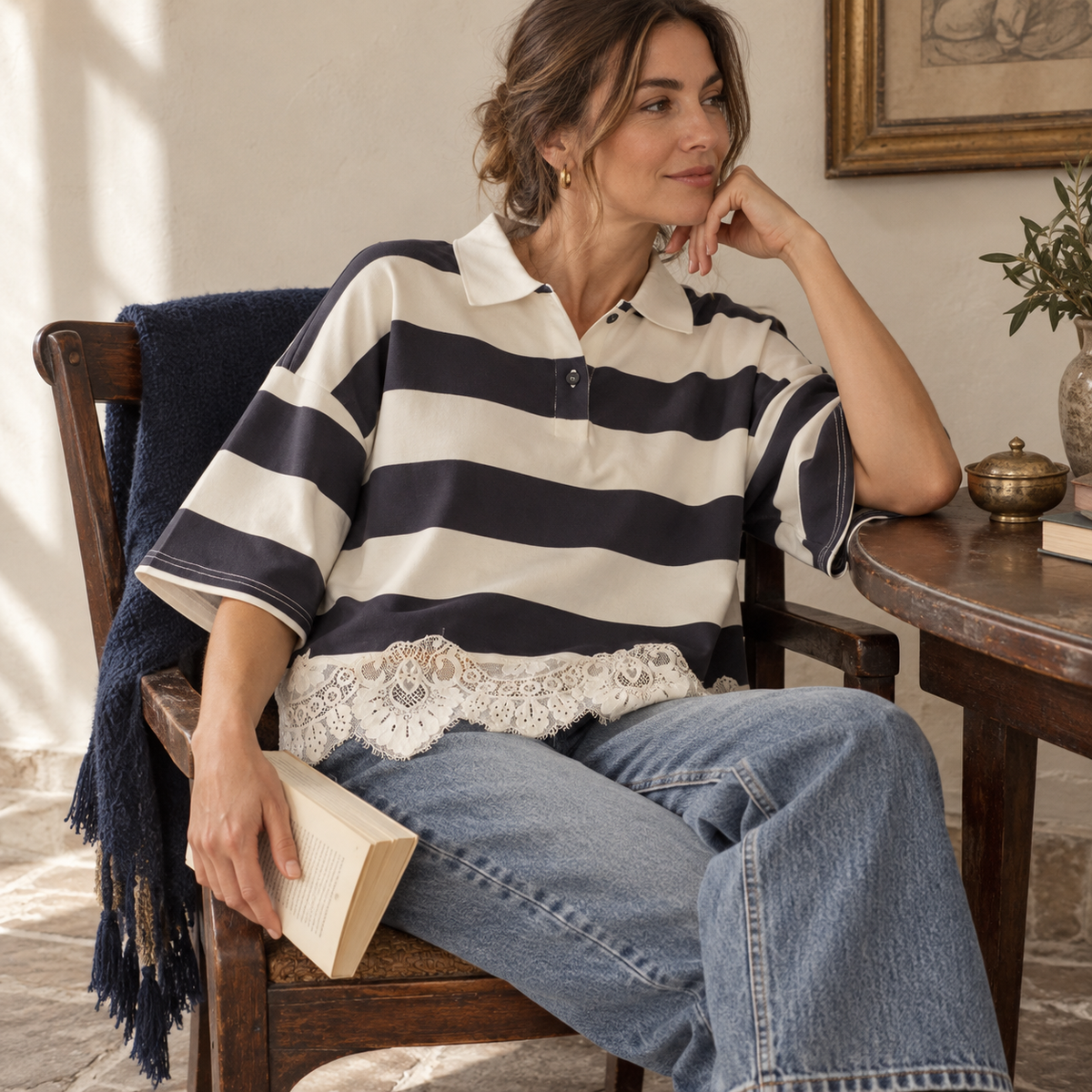 Lace-Trim Striped Polo Pullover