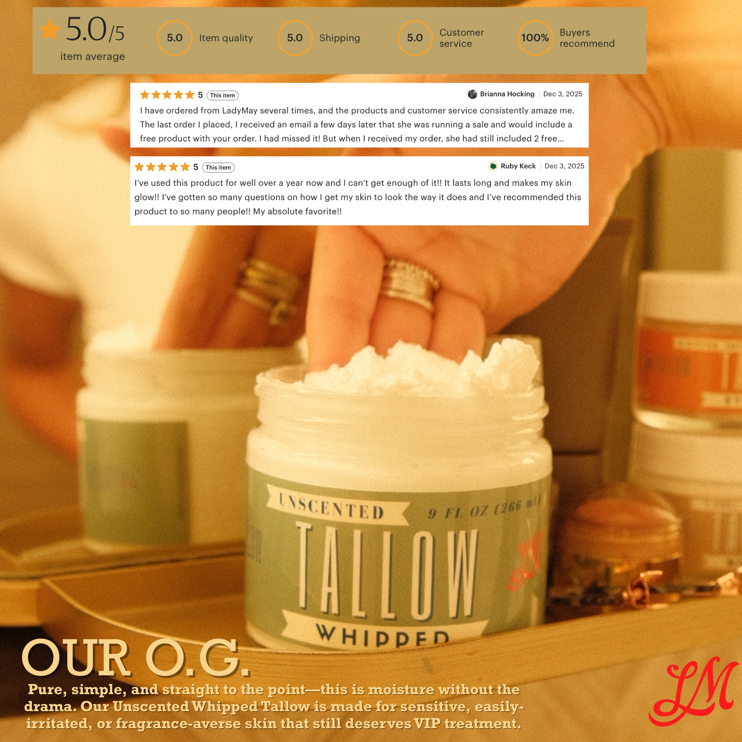 Unscented Whipped Tallow – All-Natural Moisturizer | Pure Beef Tallow Cream for Face & Body |Lady May Handmade, Preservative-Free Skincare