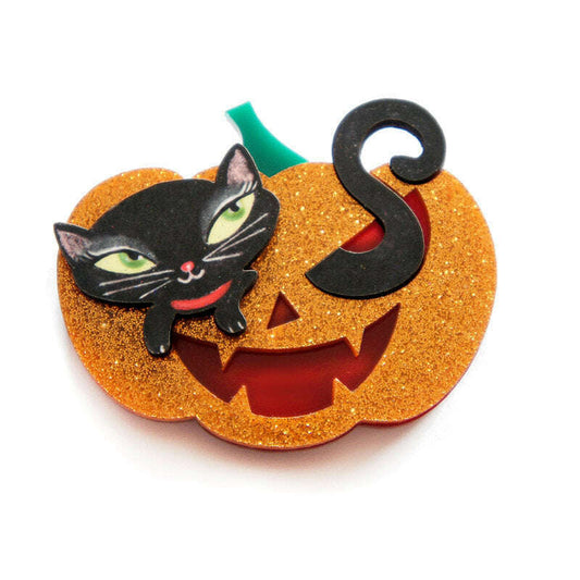 Pumpkin with Black Kitten Brooch by Laliblue | PRE-ORDER SHIPS IN 2-3 WEEKS