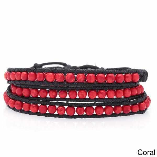 Three Wrap Bracelet with Leather & Beads - Thailand