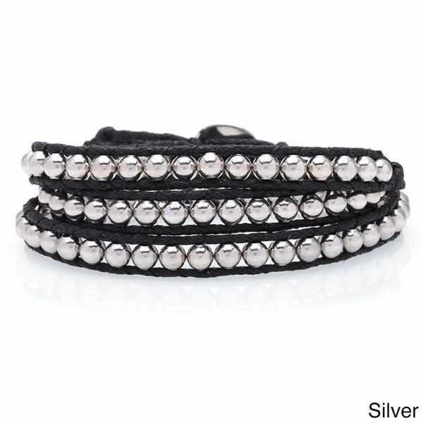 Three Wrap Bracelet with Leather & Beads - Thailand