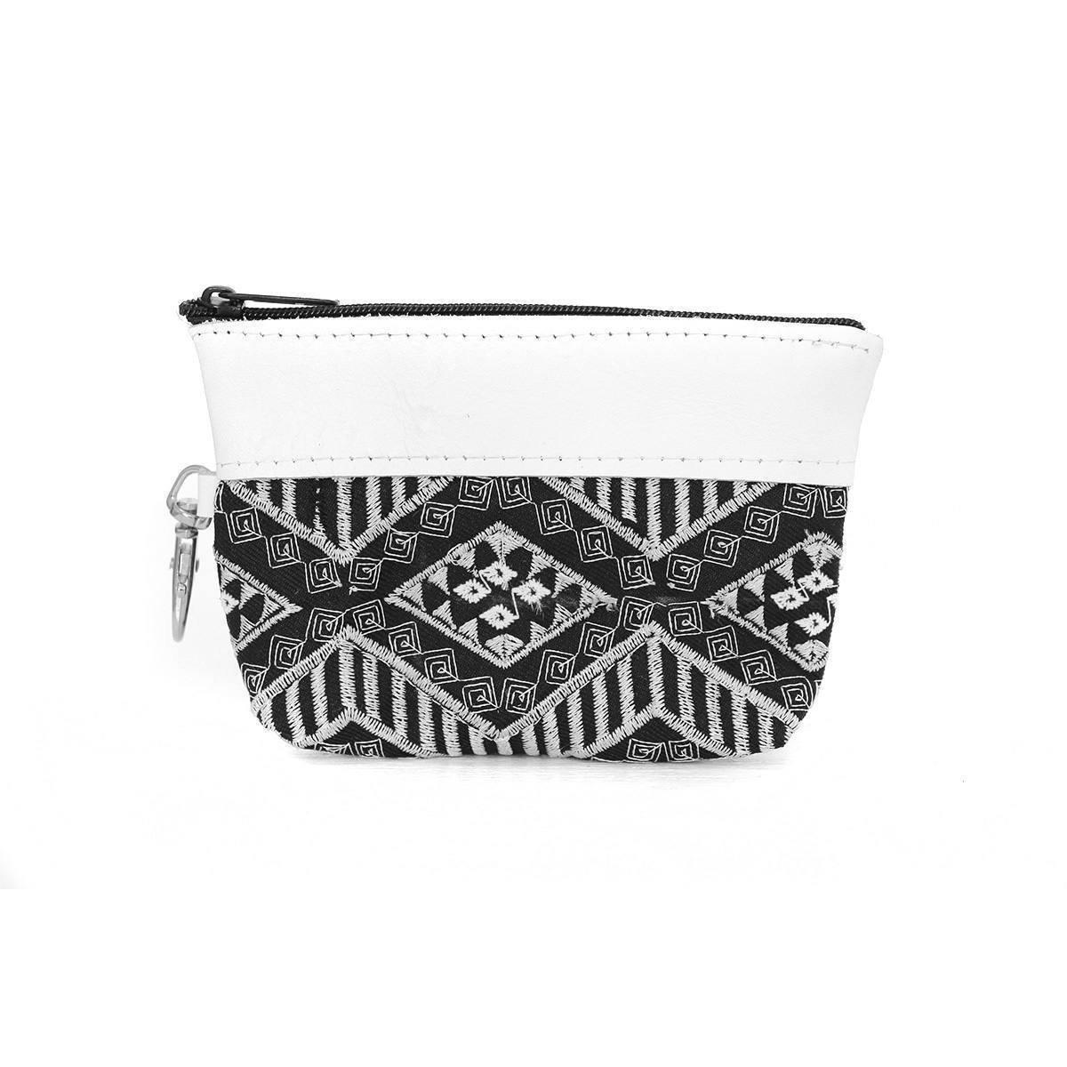 Leather Trim Embroidered Geometric Coin Purse  - Thailand